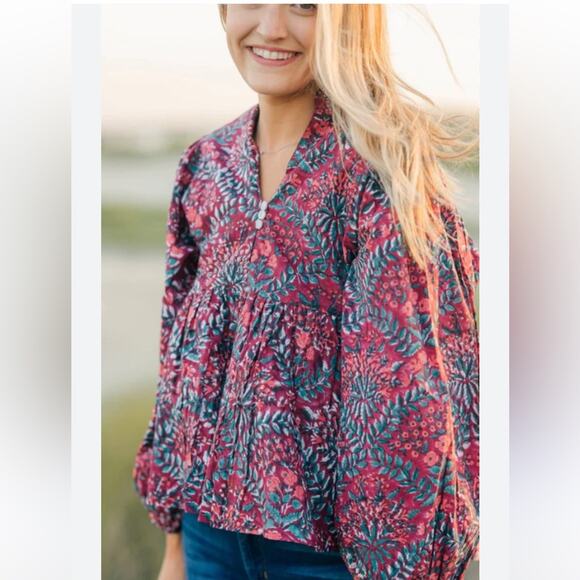 Victoria Dunn Balloon Sleeve Babydoll Boho Brownwen Blouse in Lava Falls XS - Picture 2 of 8